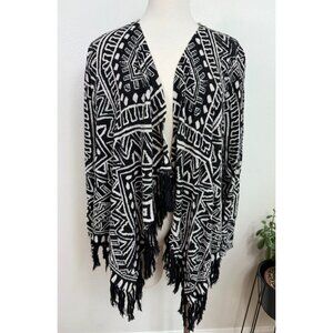 INC International Womens Black Fringe Abstract Print Open Cardigan‎ Size XL Boho